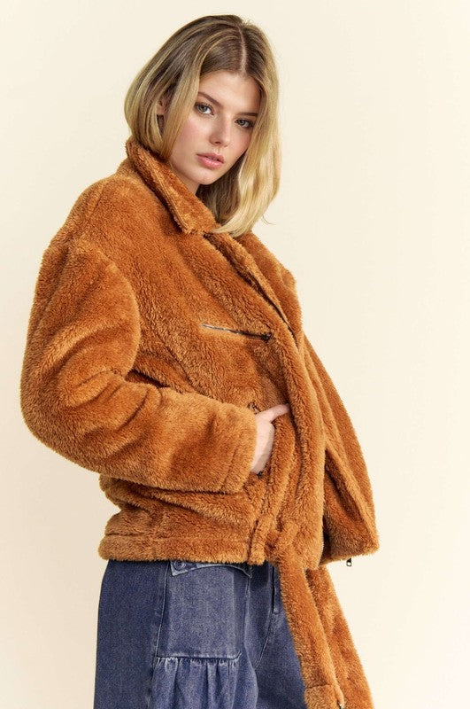 Davi & Dani Fuzzy Zip Up Collared Neck Jacket Trendsi