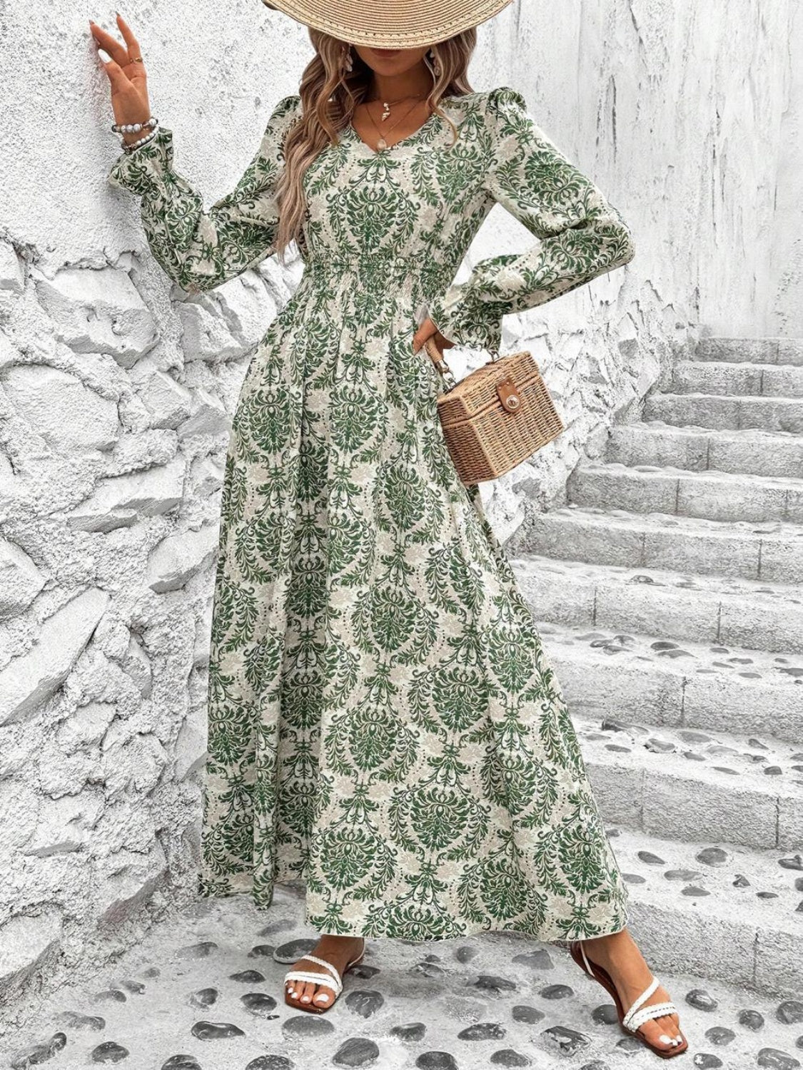 Smocked Printed V-Neck Flounce Sleeve Dress Trendsi