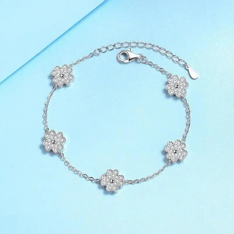 100% Silver 925 Flowers Real Moissanite Chain Lind Bracelets TETAEA