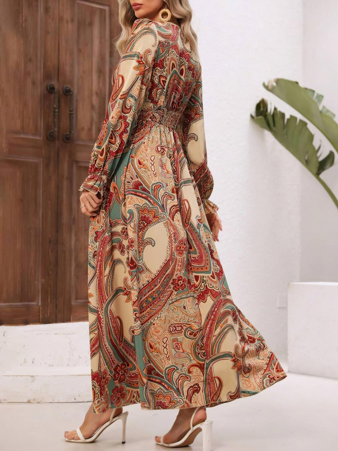 Smocked Printed V-Neck Flounce Sleeve Dress Trendsi