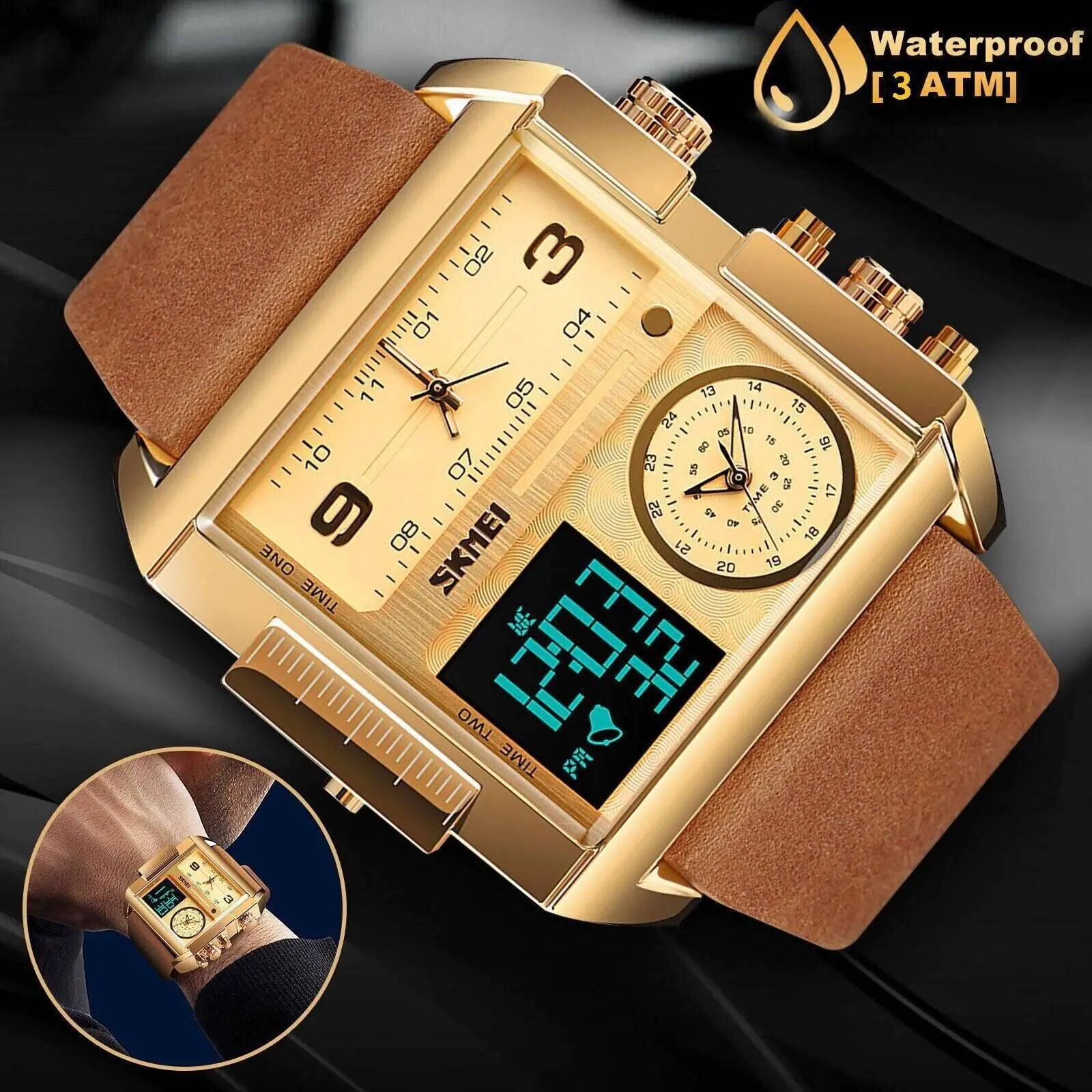 Men Watch Large Dial Digital Quartz Sport Stopwatch Leather Wristwatch