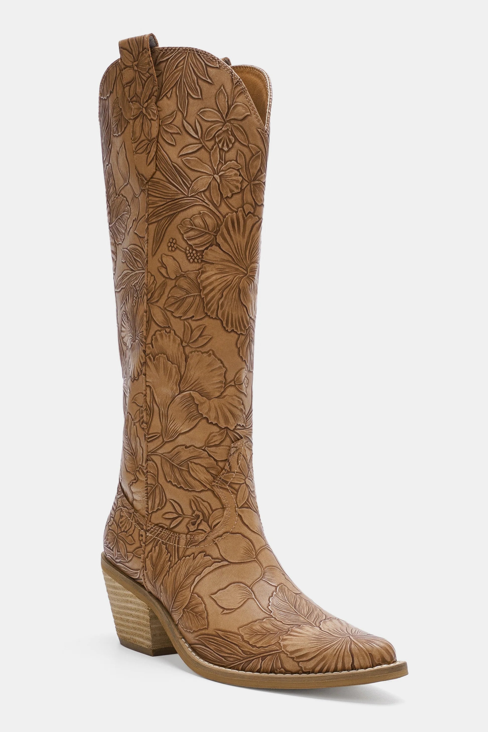 Beast Fashion Embossed Floral Point Toe Block Heel Boots Trendsi