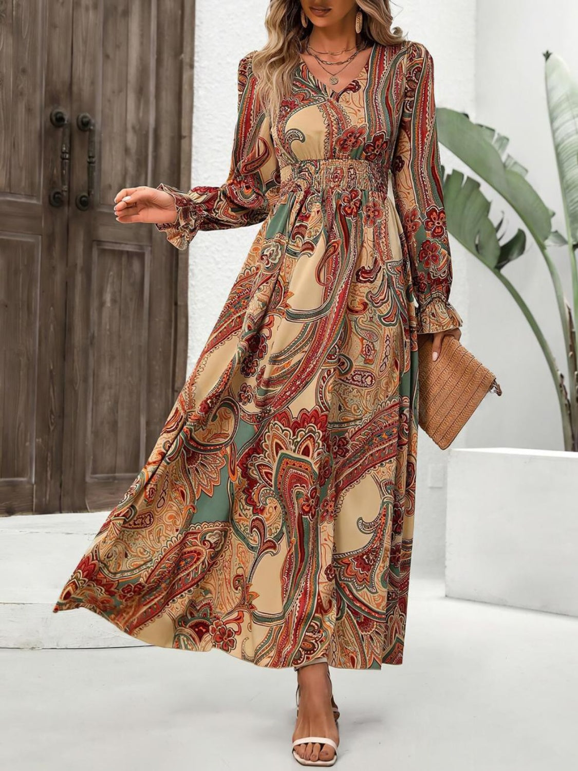 Smocked Printed V-Neck Flounce Sleeve Dress Trendsi