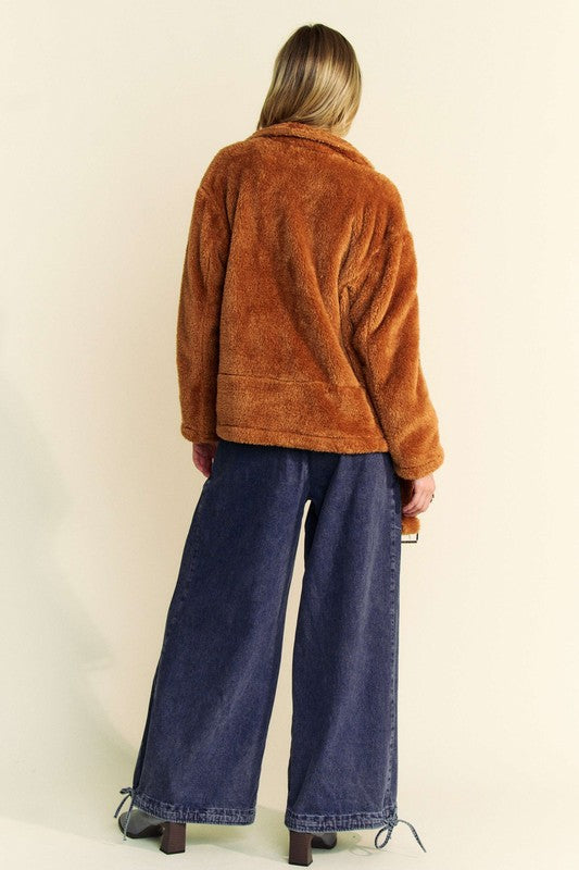 Davi & Dani Fuzzy Zip Up Collared Neck Jacket Trendsi