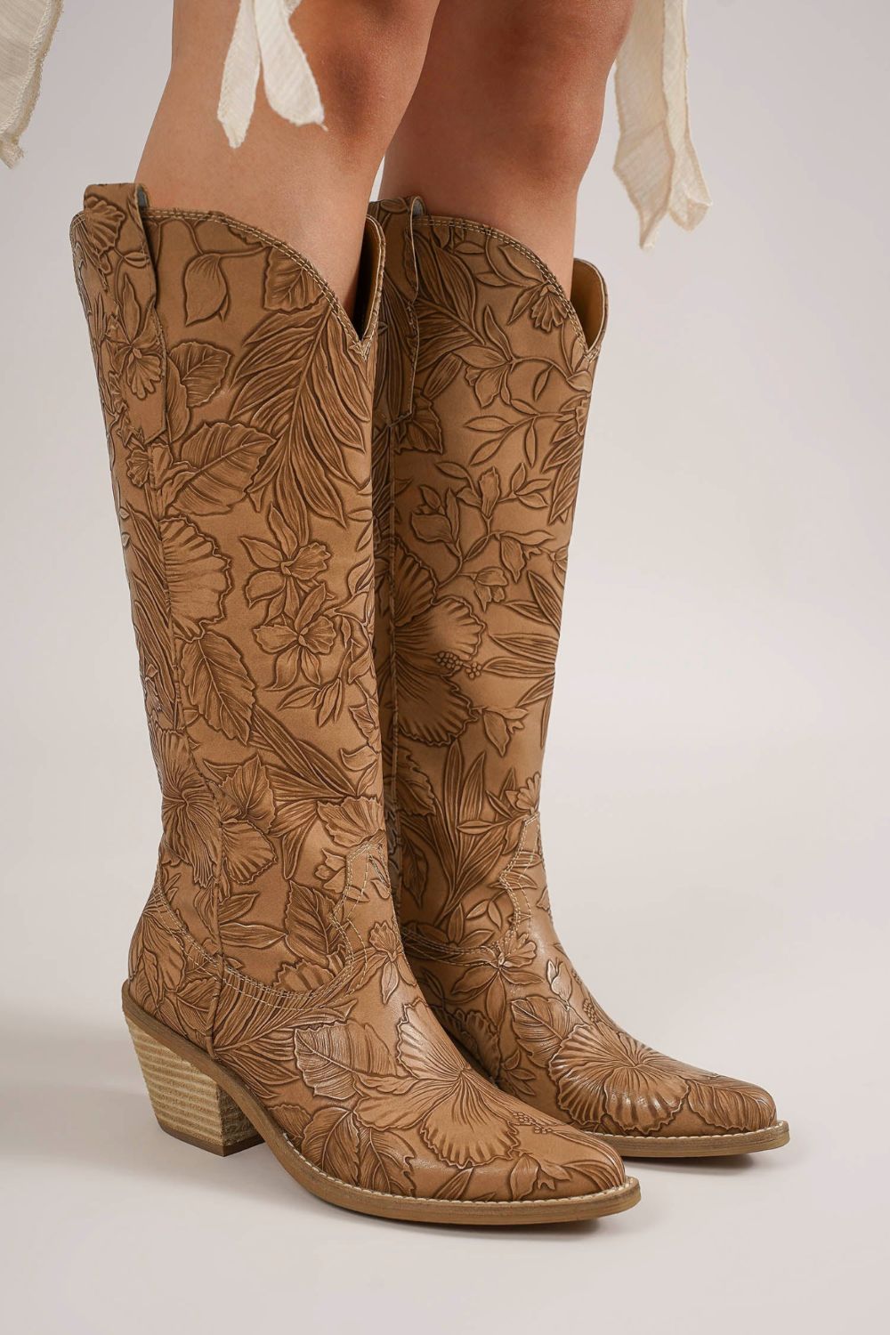 Beast Fashion Embossed Floral Point Toe Block Heel Boots Trendsi
