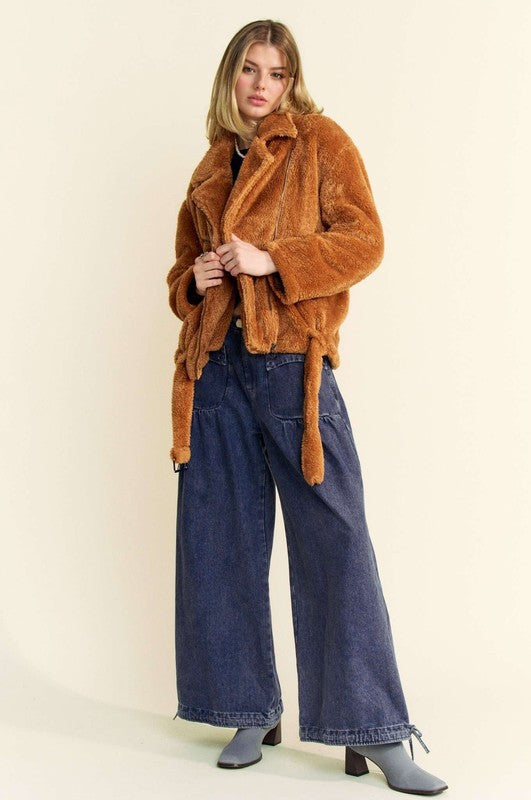 Davi & Dani Fuzzy Zip Up Collared Neck Jacket Trendsi