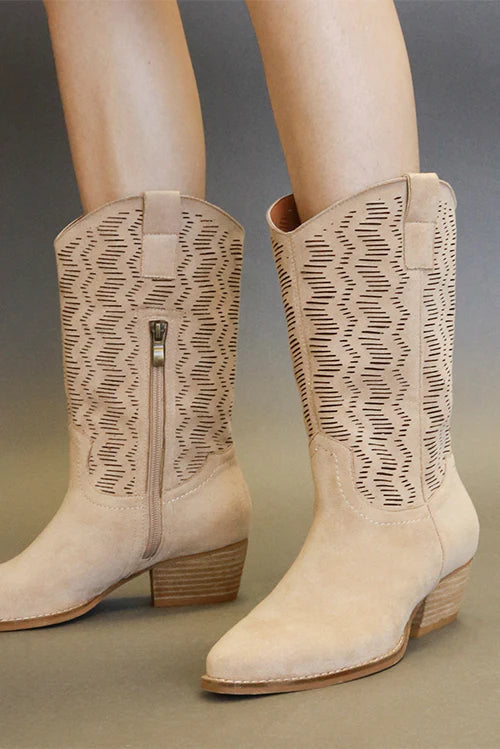 Beast Fashion Faux Suede Laser Cut Detail Block Heel Boots Trendsi