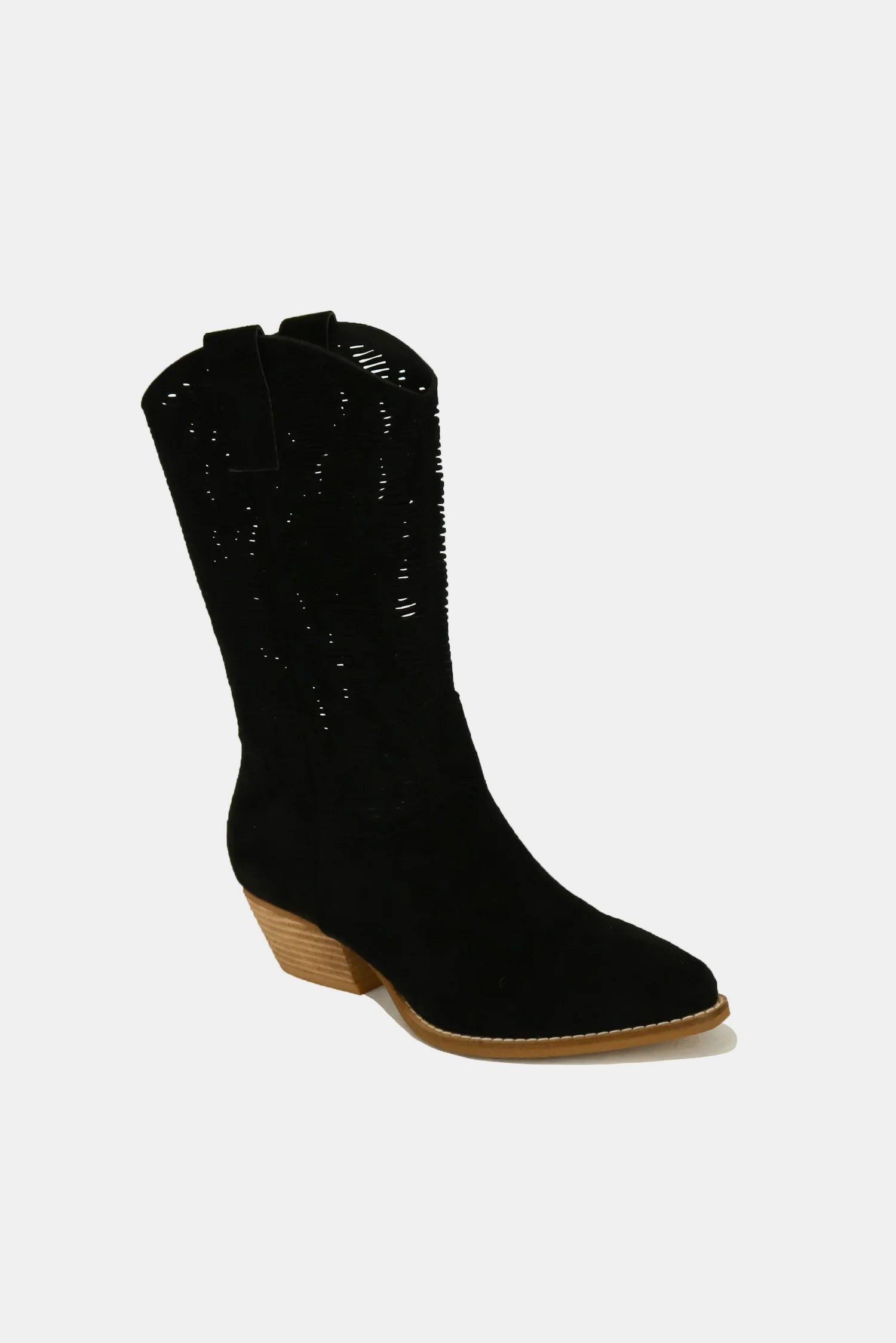 Beast Fashion Faux Suede Laser Cut Detail Block Heel Boots Trendsi