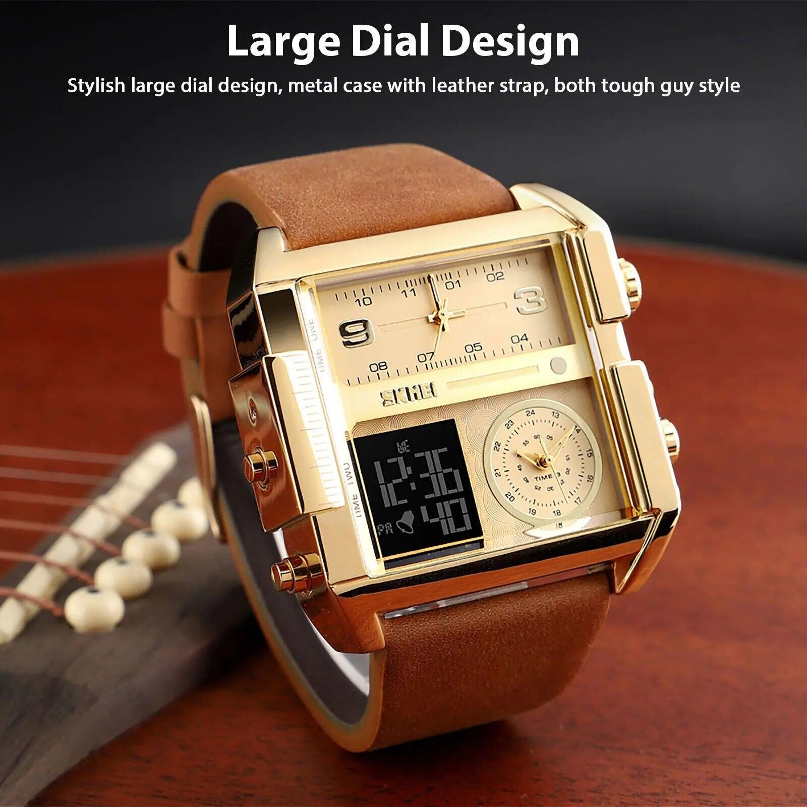 Men Watch Large Dial Digital Quartz Sport Stopwatch Leather Wristwatch