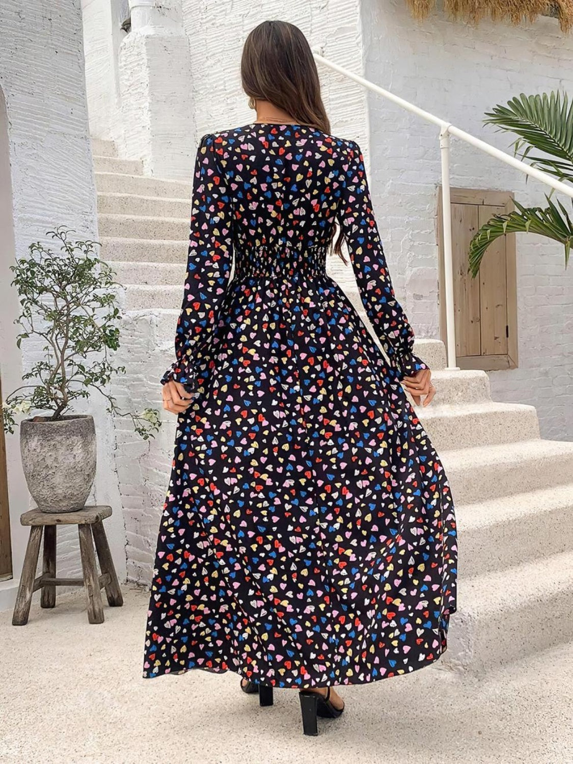 Smocked Printed V-Neck Flounce Sleeve Dress Trendsi
