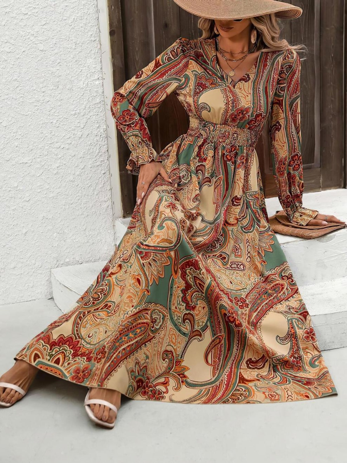 Smocked Printed V-Neck Flounce Sleeve Dress Trendsi