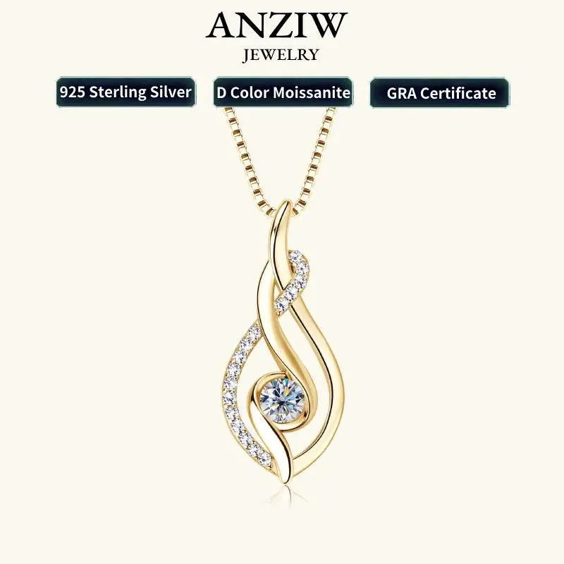 925 Sterling Silver Gold Plated Round Moissanite Pendant Necklace TETAEA