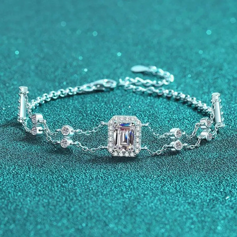925 Sterling Silver Simple Thin Double Layer Bracelet with 1 Carat Moissanite Stone TETAEA