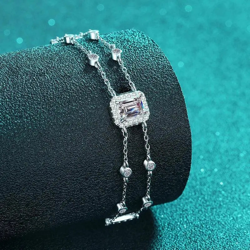 925 Sterling Silver Simple Thin Double Layer Bracelet with 1 Carat Moissanite Stone TETAEA