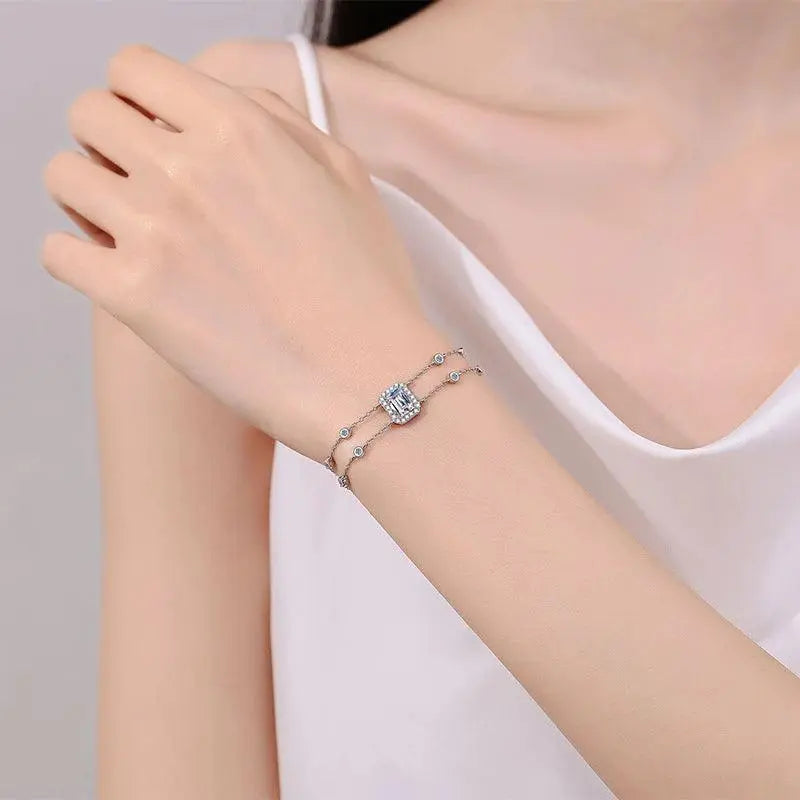 925 Sterling Silver Simple Thin Double Layer Bracelet with 1 Carat Moissanite Stone TETAEA