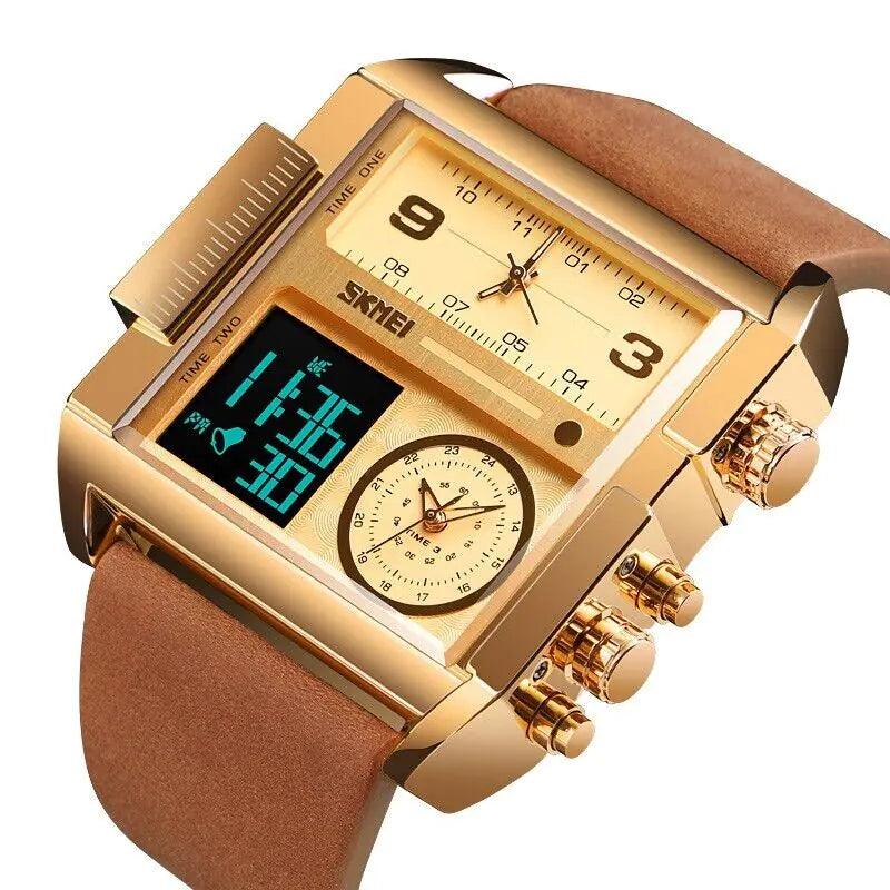 Men Watch Large Dial Digital Quartz Sport Stopwatch Leather Wristwatch