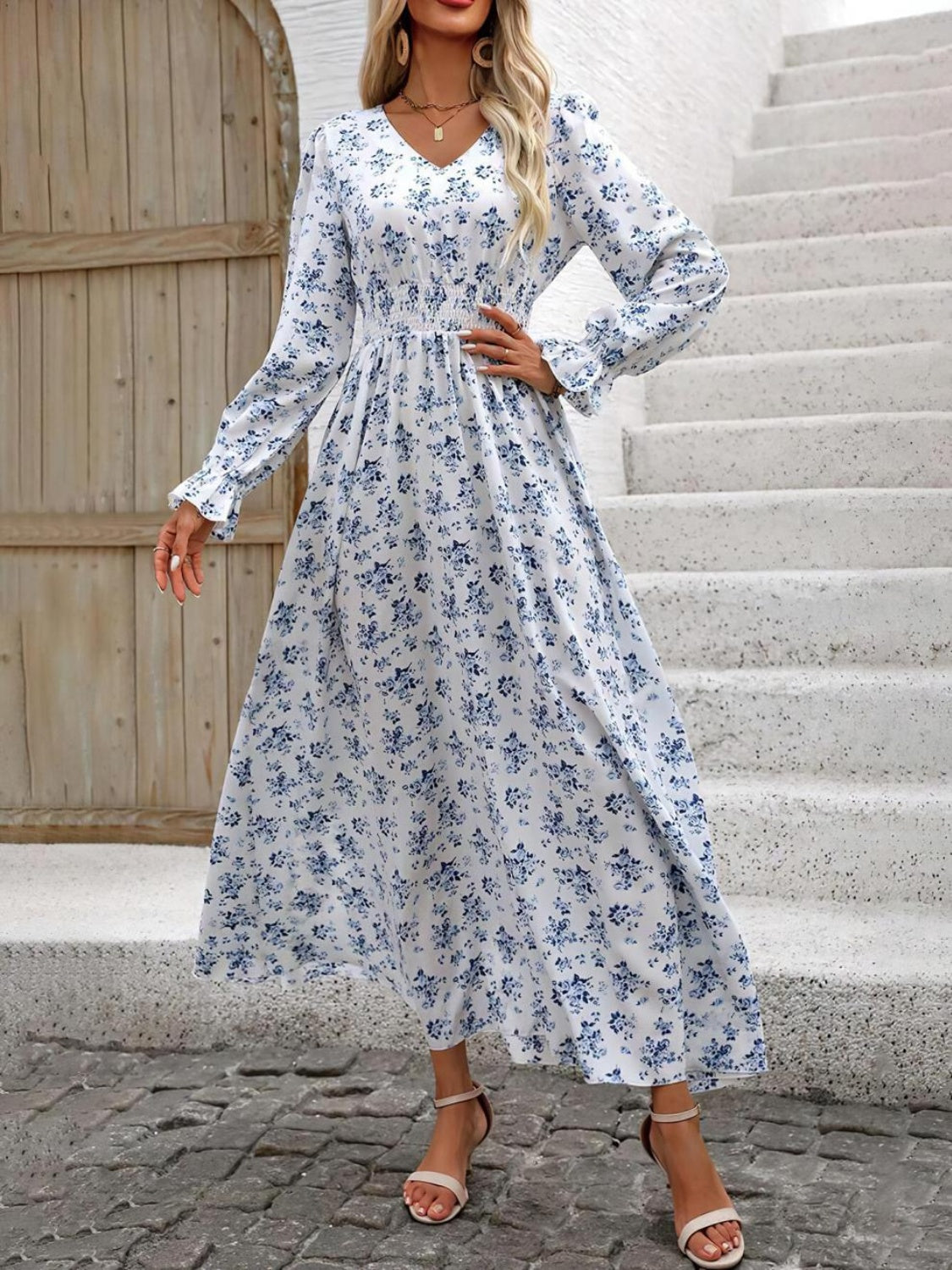 Smocked Printed V-Neck Flounce Sleeve Dress Trendsi