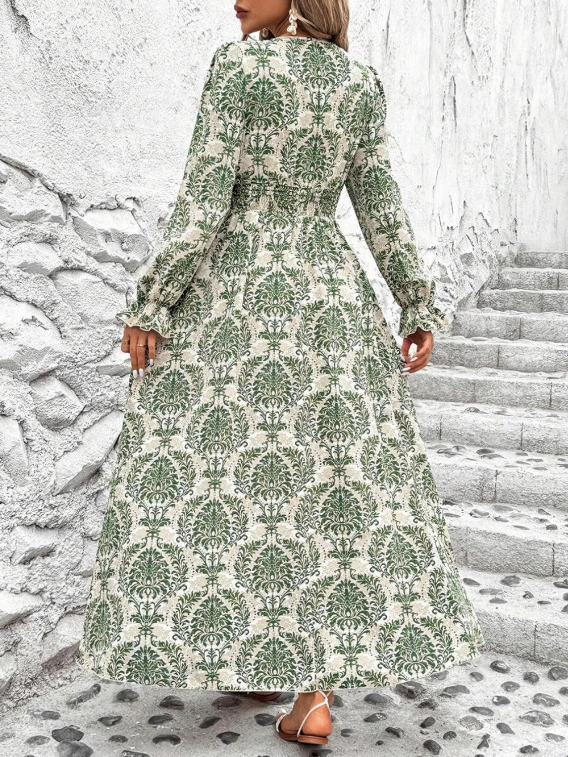 Smocked Printed V-Neck Flounce Sleeve Dress Trendsi