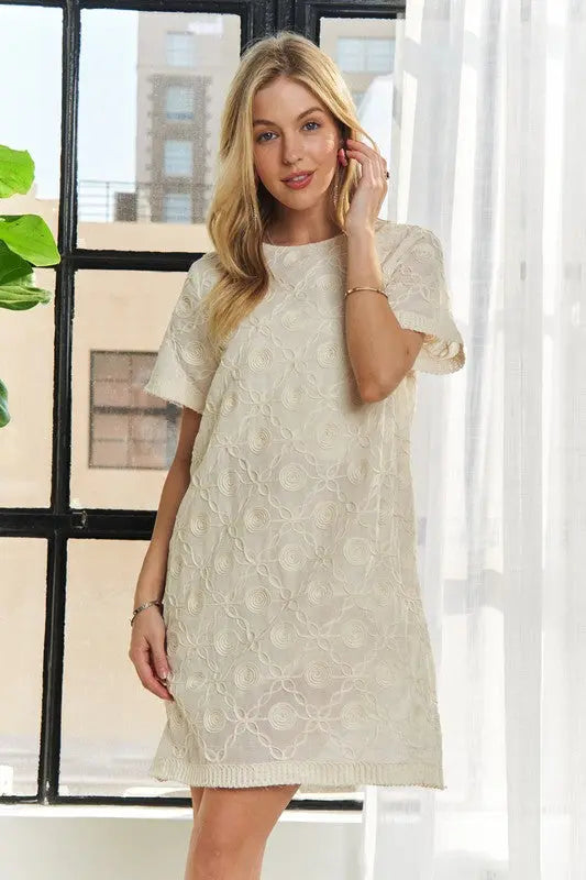 ADORA Applique Round Neck Short Sleeve Shift Dress Trendsi