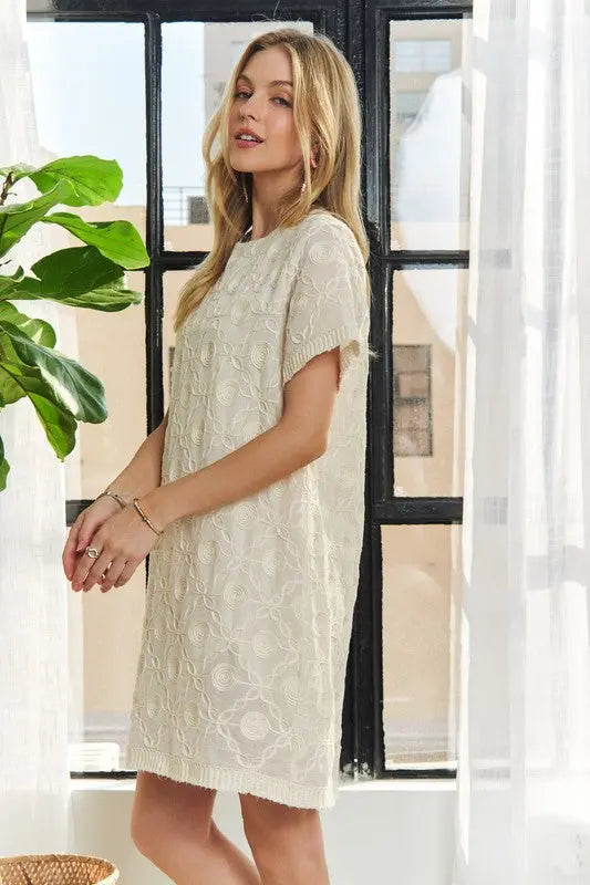 ADORA Applique Round Neck Short Sleeve Shift Dress Trendsi
