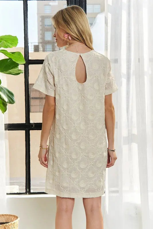 ADORA Applique Round Neck Short Sleeve Shift Dress Trendsi