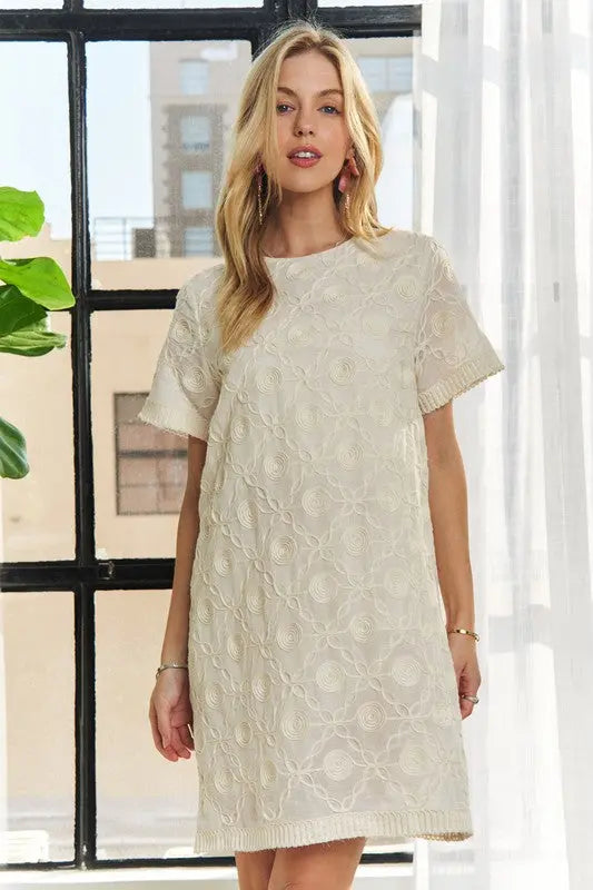 ADORA Applique Round Neck Short Sleeve Shift Dress Trendsi