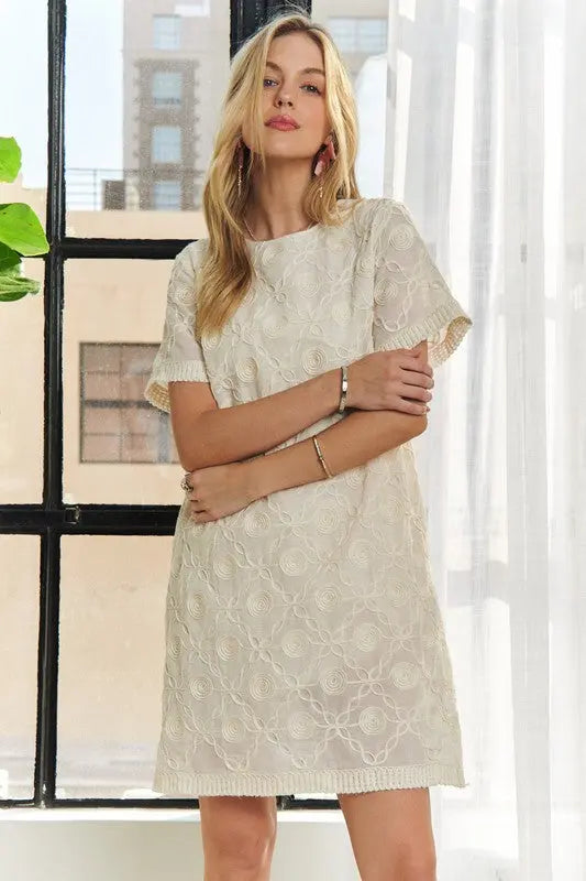 ADORA Applique Round Neck Short Sleeve Shift Dress Trendsi