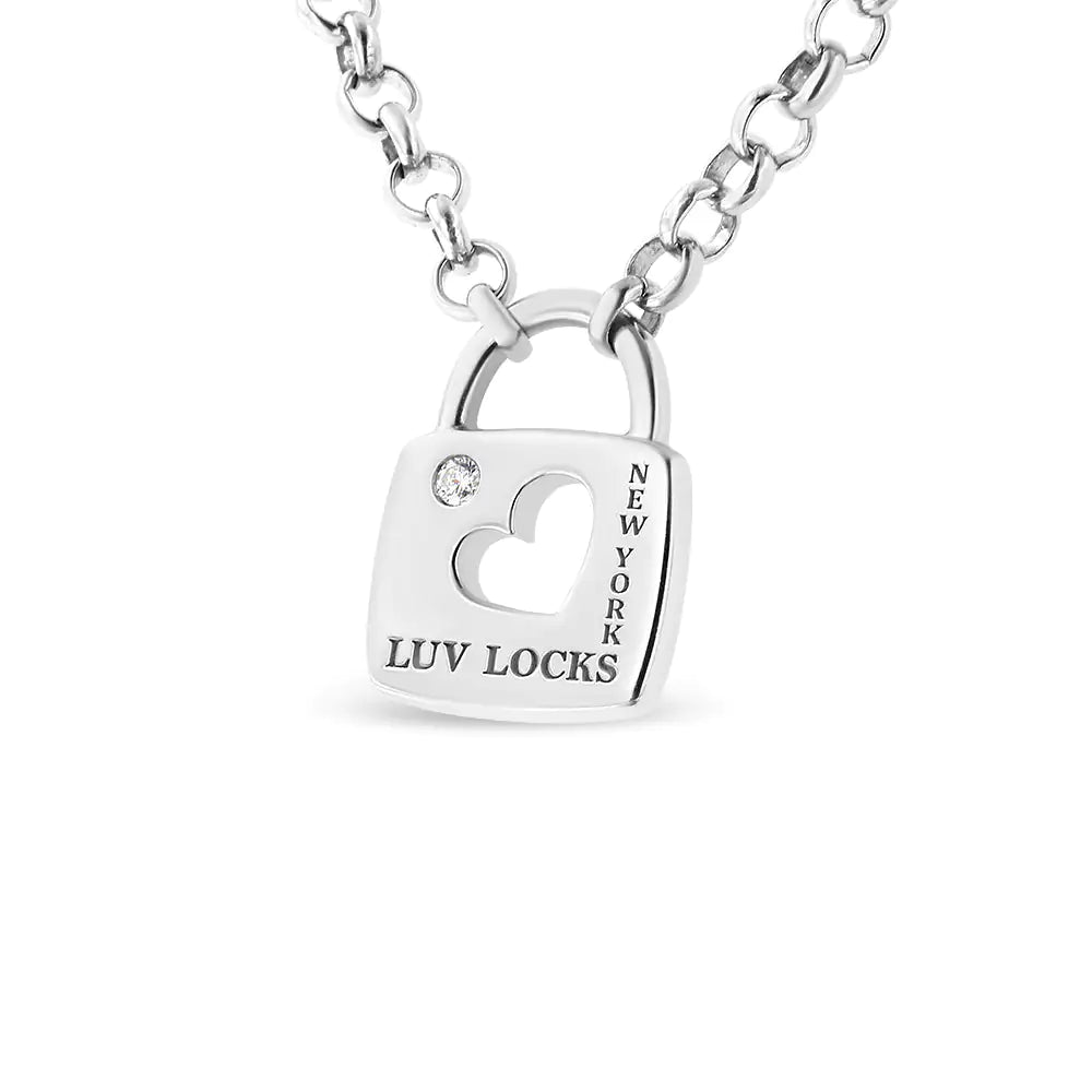 .925 Sterling Silver Diamond Accent Open Heart Love Lock Pendant 18" Necklace (I2-I3 Clarity, H-I Color) TETAEA