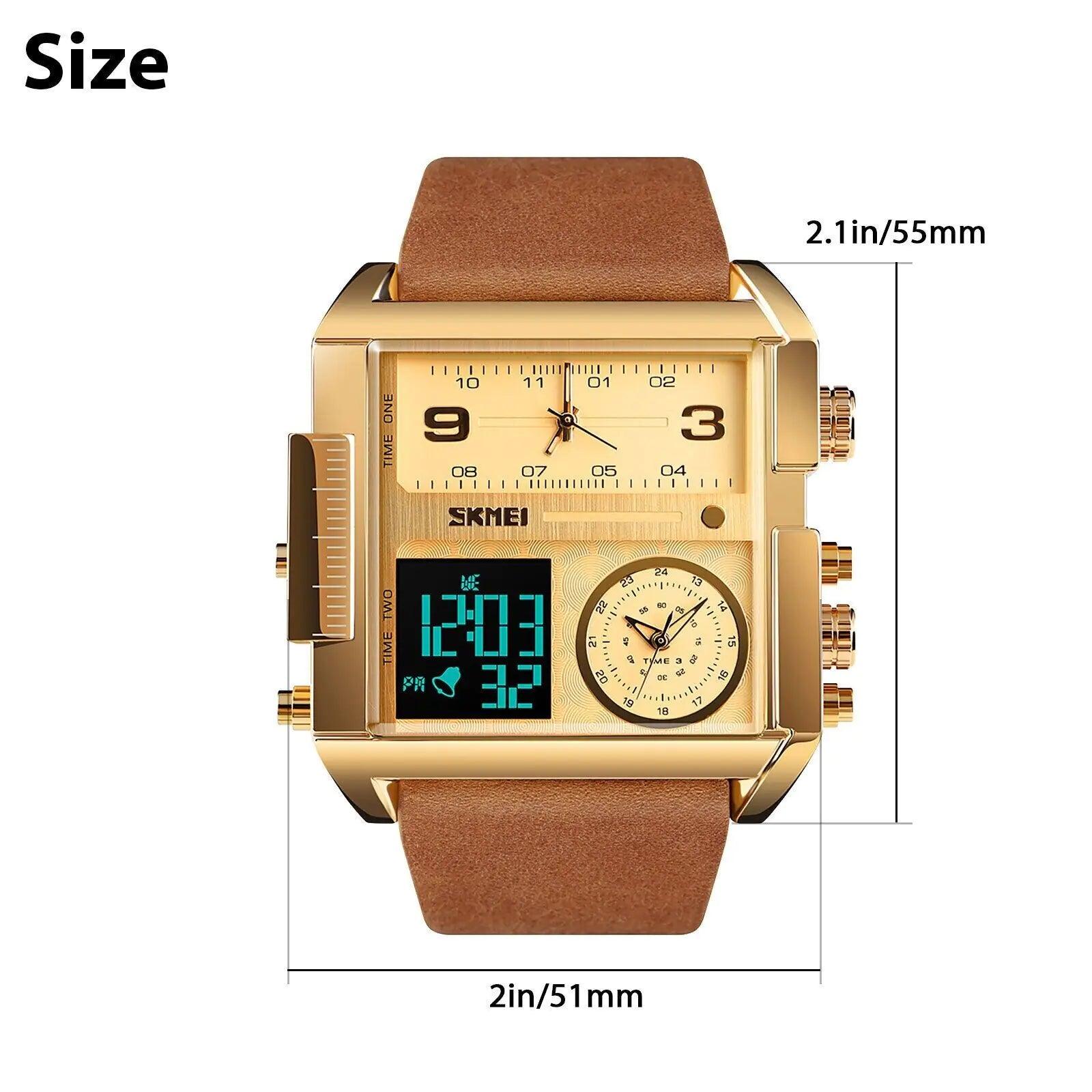 Men Watch Large Dial Digital Quartz Sport Stopwatch Leather Wristwatch