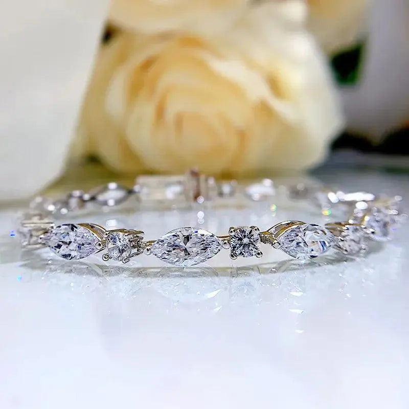 Chain Bracelet 925 Solid Silver Jewelry Marquise Created Synthetic Diamond TETAEA