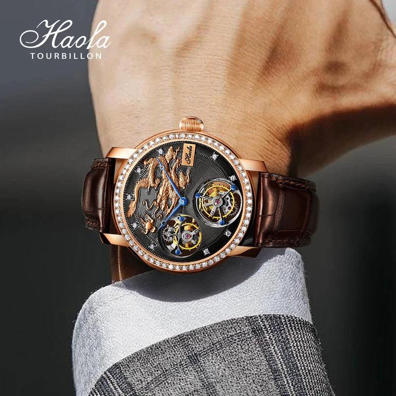 Luxury Rare Expansive 18K Gold Double Movement Skeleton Men's Watch Manual Mechanical Diamond R Watch For Men