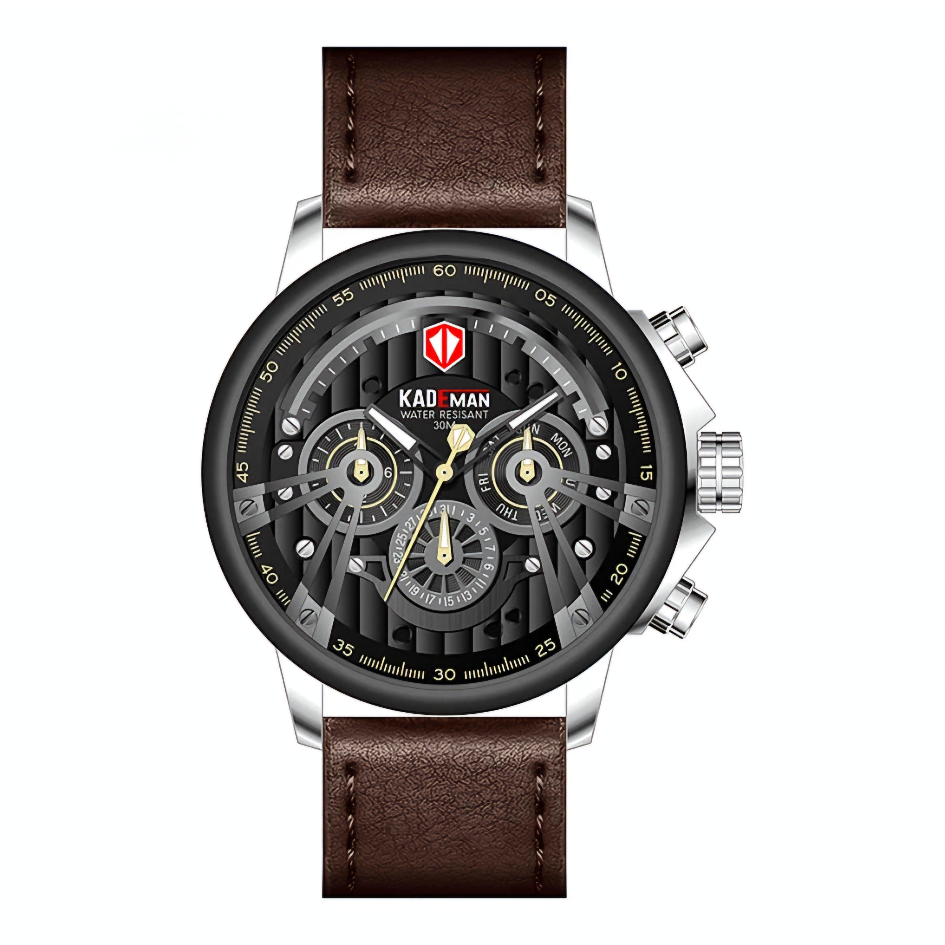 Unique men's watch with date and week display, 6 hands and leather strap from the best luxury brands, water resistant