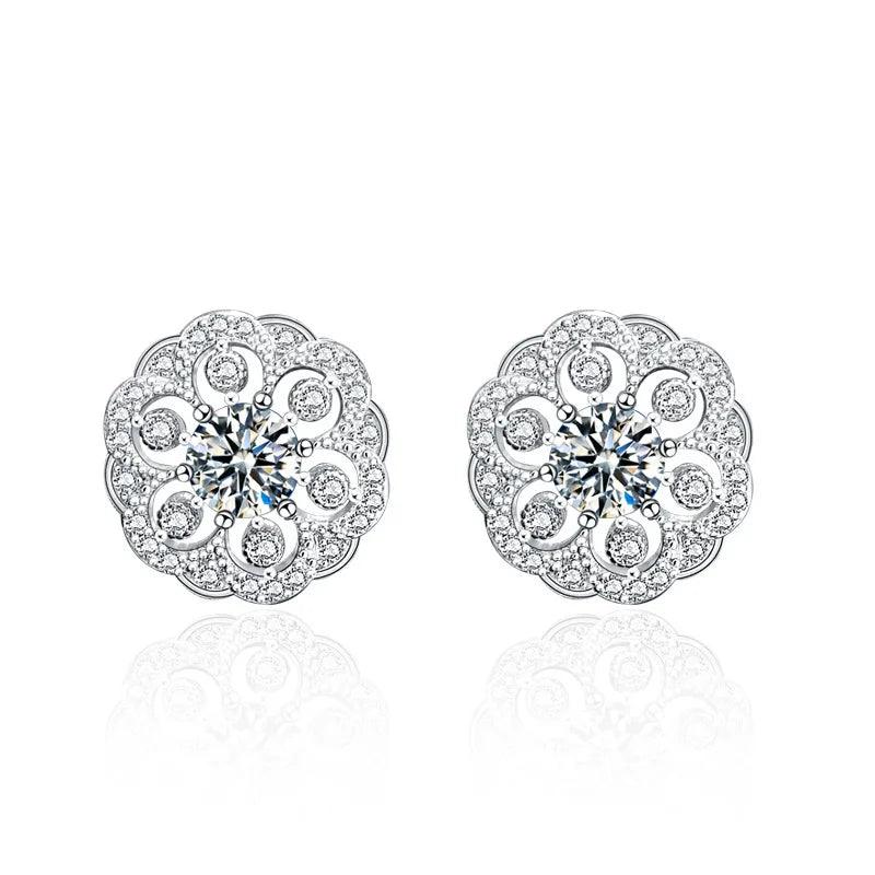 Fine 925 Sterling Silver Stud Earrings Women Personality Exquisite Flower Round 0.5 Ct Moissanite Earrings