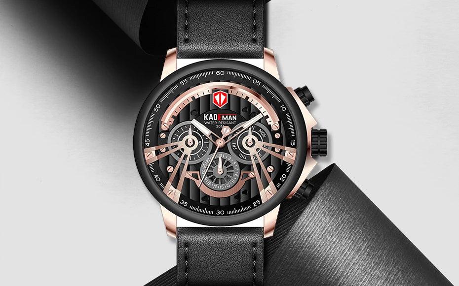 Unique men's watch with date and week display, 6 hands and leather strap from the best luxury brands, water resistant