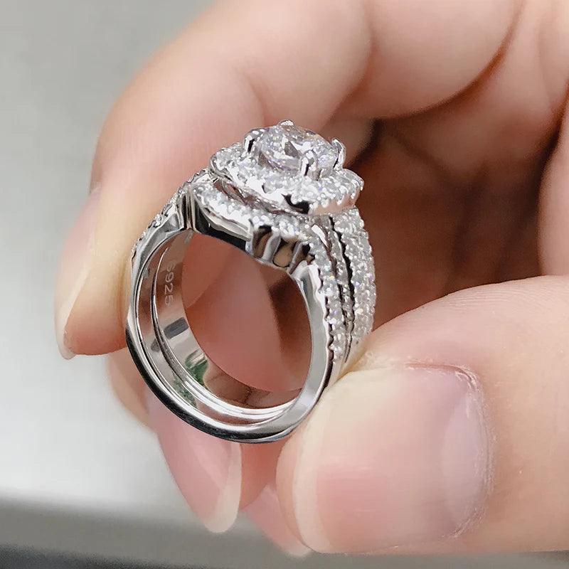 2PCS Luxury 925 Sterling Silver Ring 1 Carat Round