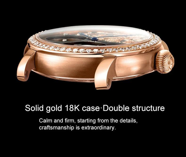 Luxury Rare Expansive 18K Gold Double Movement Skeleton Men's Watch Manual Mechanical Diamond R Watch For Men