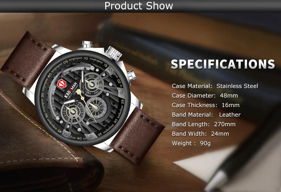 Unique men's watch with date and week display, 6 hands and leather strap from the best luxury brands, water resistant