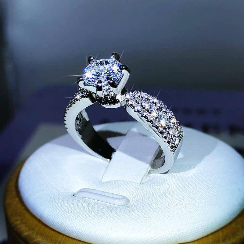 925 Sterling Silver Luxury Sparkling Six-Claw White Zircon Ring