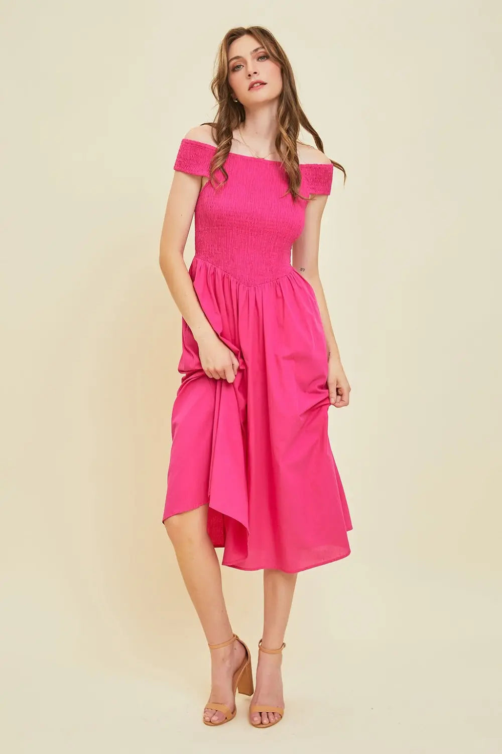 HEYSON Off-Shoulder Smocked Midi Dress Trendsi