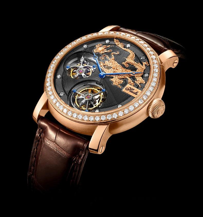 Luxury Rare Expansive 18K Gold Double Movement Skeleton Men's Watch Manual Mechanical Diamond R Watch For Men