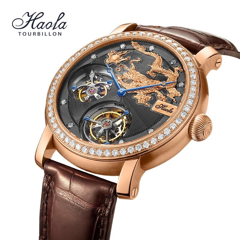 Luxury Rare Expansive 18K Gold Double Movement Skeleton Men's Watch Manual Mechanical Diamond R Watch For Men