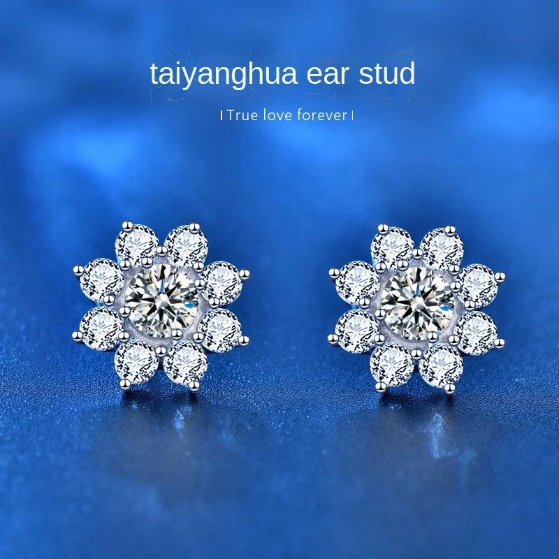 S925 Sterling Silver Sun Flower Earrings Female Wild 0.5 Ct Moissanite Stud Earrings Engagement Gift