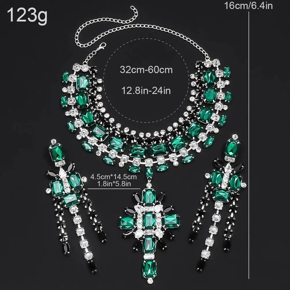 Luxurious set of eye-catching cross necklace and earrings for weddings or engagements with a distinctive green design made of rhinestones TETAEA