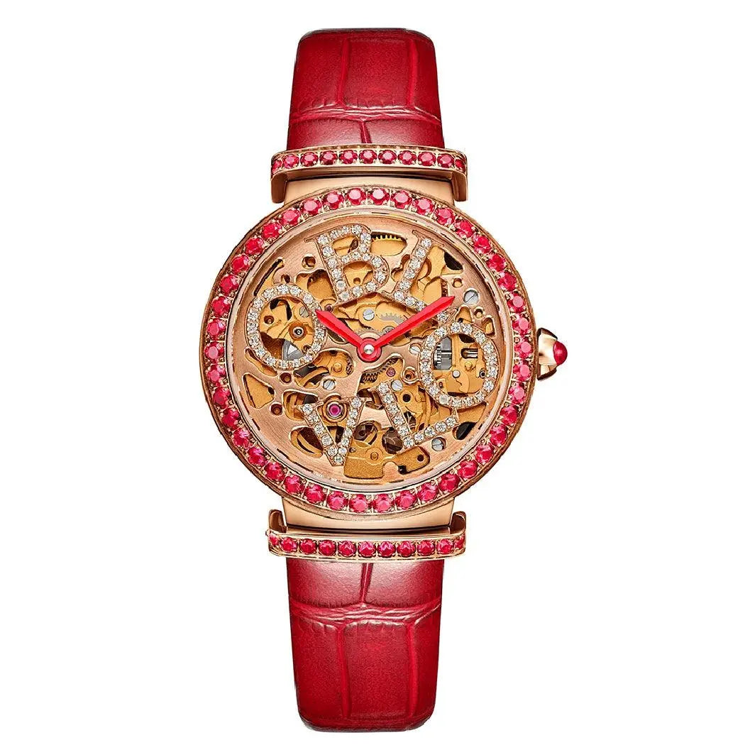 Luxury French Women's Automatic Diamond Studded Mechanical Steel Case Black Calfskin Strap Waterproof Watch TETAEA
