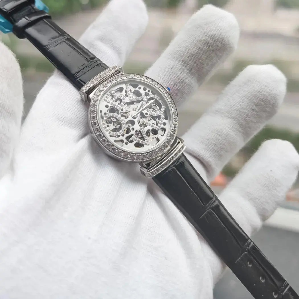 Luxury French Women's Automatic Diamond Studded Mechanical Steel Case Black Calfskin Strap Waterproof Watch TETAEA