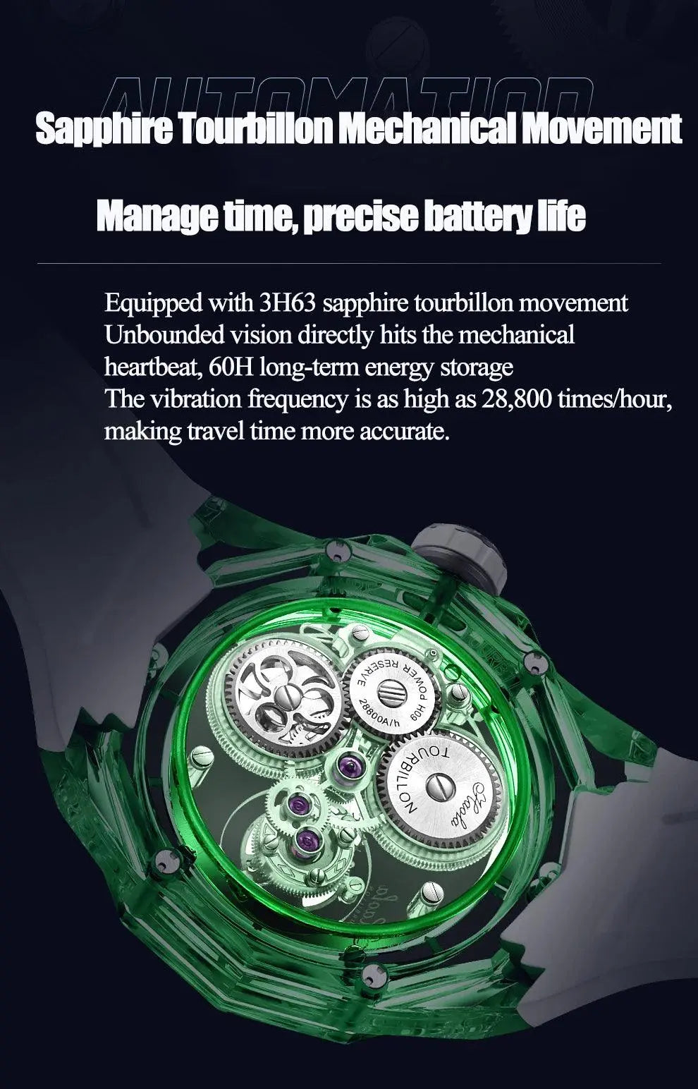 Luxury Mechanical Tourbillon Watch for Unisex with Clear Sapphire Strap TETAEA