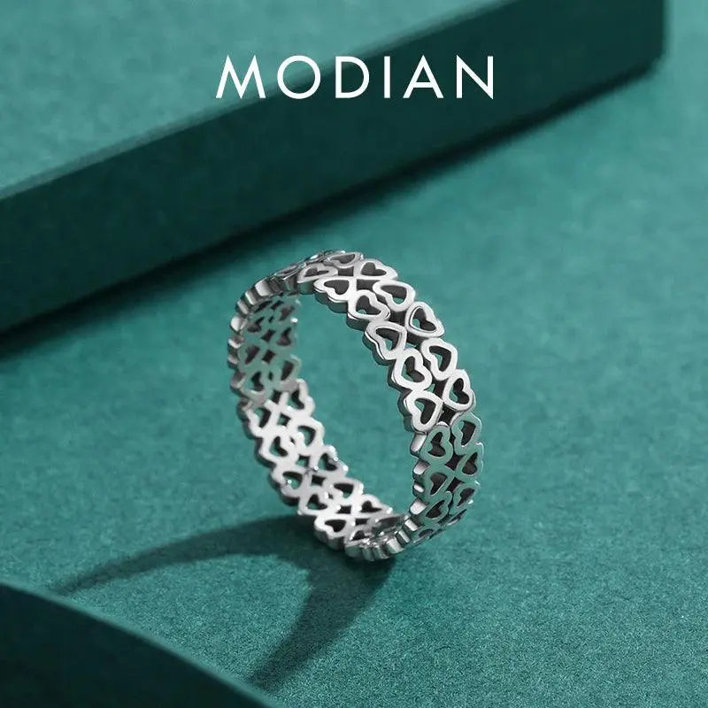 MODIAN Authentic Vintage 925 Sterling Silver Hollow Out Heart To Heart Simple Style Stacking Rings For Women Fine Jewelry TETAEA