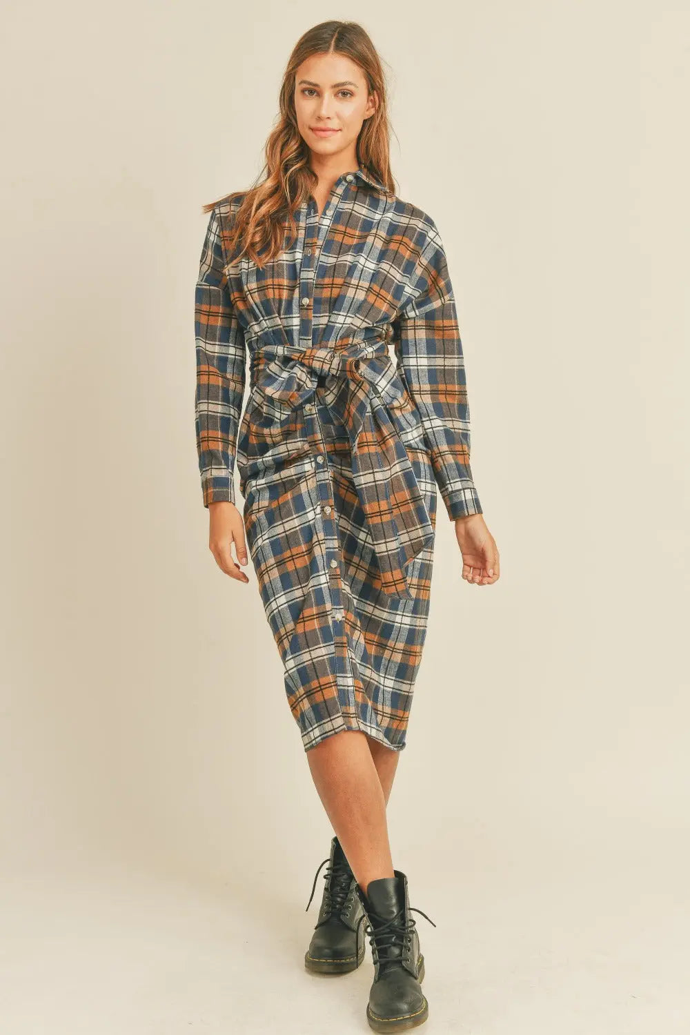 Mable Plaid Flannel Front Tie Button Down Shirt Dress Trendsi