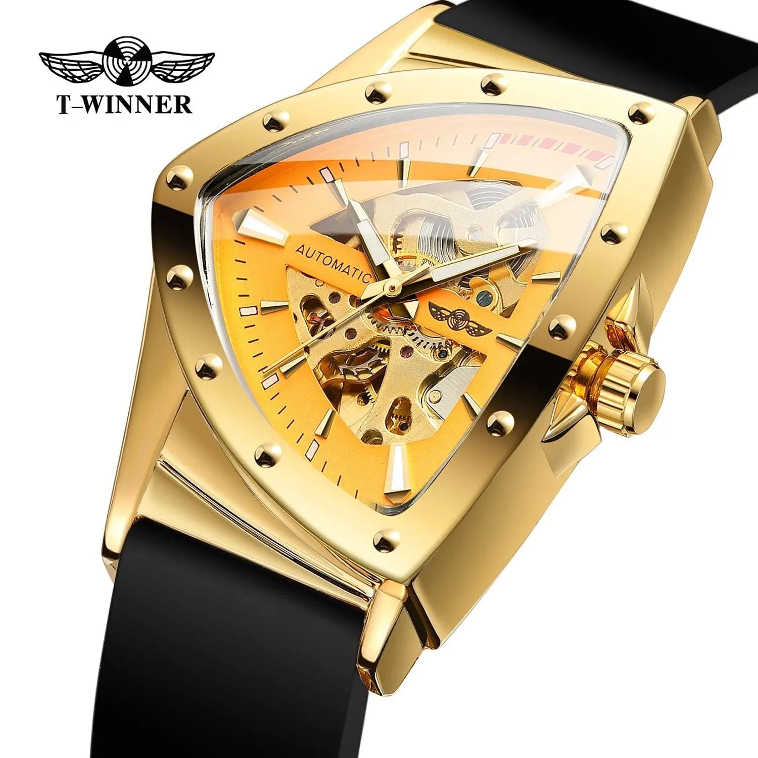 Men's Mechanical Wrist Watches Silica Gel Strap Triangle Skeleton Design Waterproof Luminous TETAEA