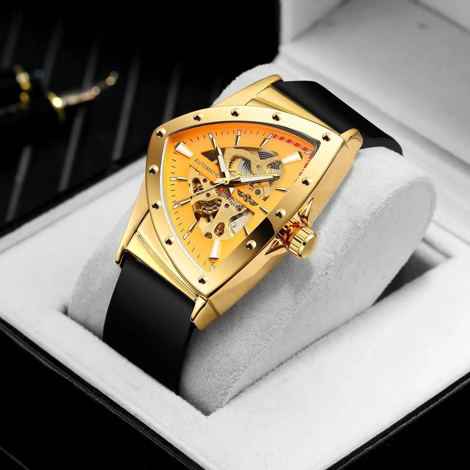 Men's Mechanical Wrist Watches Silica Gel Strap Triangle Skeleton Design Waterproof Luminous TETAEA